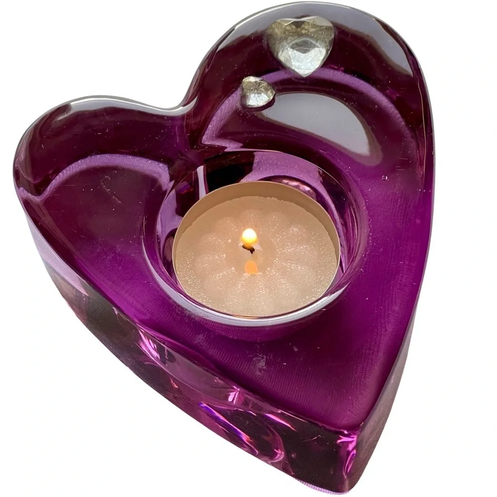 PartyLite #7787 Purple Passion Glass Votive Candle Holder w/Crystal Hearts - Picture 3 of 7